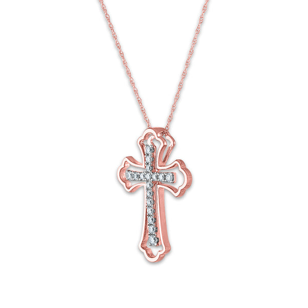 10KT White and Rose Gold 1/4 CTW Diamond 24X17MM 18-inch Cross Pendant