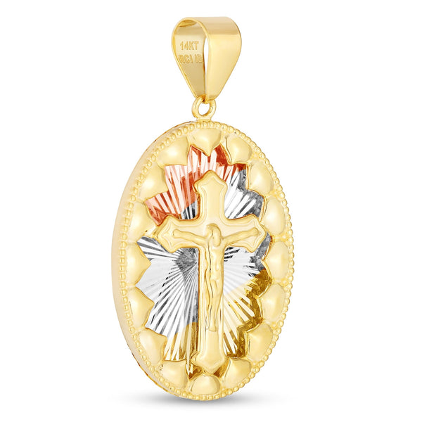 14KT Gold Tri-Color 39X20.8MM Religious Crucifix Cross Medal Pendant. Chain Not Included