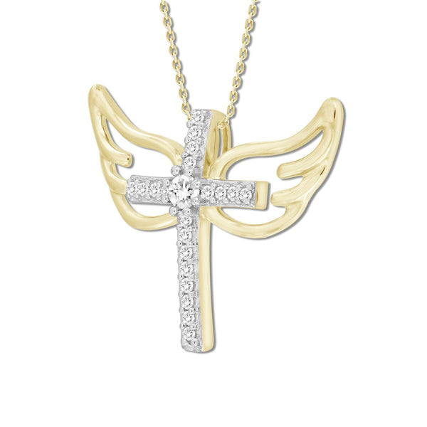 10KT Yellow Gold 1/10 CTW Diamond 15X20MM 18-inch Cross Angel Wings Pendant