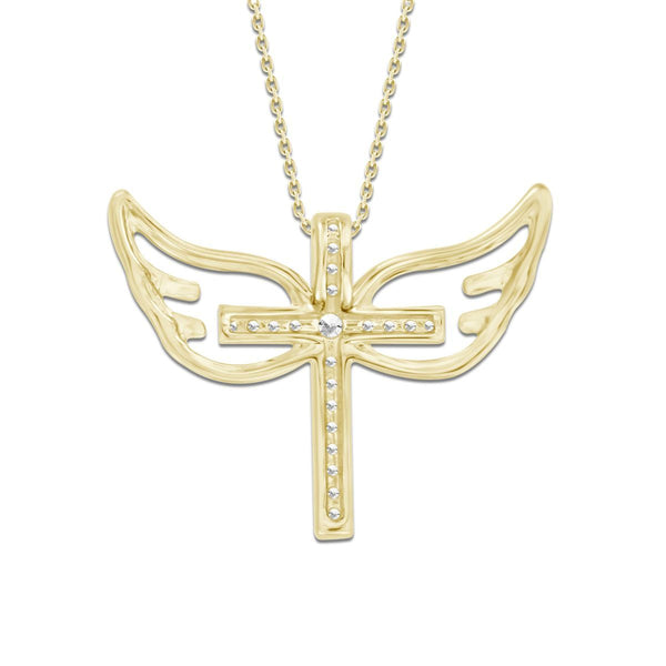 10KT Yellow Gold 1/10 CTW Diamond 15X20MM 18-inch Cross Angel Wings Pendant