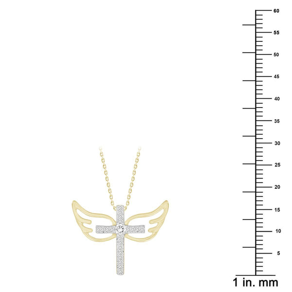 10KT Yellow Gold 1/10 CTW Diamond 15X20MM 18-inch Cross Angel Wings Pendant