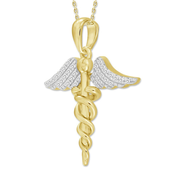 10KT Yellow Gold 1/10 CTW Diamond 24MM 18-inch Angel Wings Caduceus Nurse Pendant