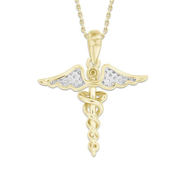 10KT Yellow Gold 1/10 CTW Diamond 24MM 18-inch Angel Wings Caduceus Nurse Pendant