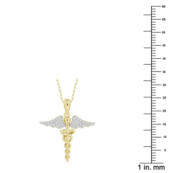 10KT Yellow Gold 1/10 CTW Diamond 24MM 18-inch Angel Wings Caduceus Nurse Pendant