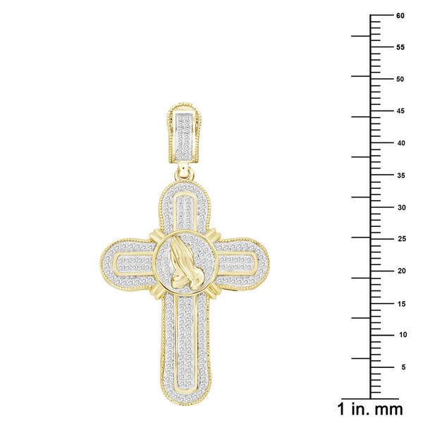 10KT Yellow Gold 1/2 CTW Diamond 47X26MM Praying Hand Cross Charm. Chain not Included