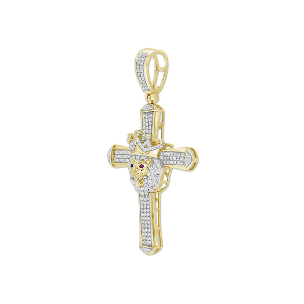 10KT Yellow Gold 1/2 CTW Diamond 56X30MM Cross Crown Lion Charm. Chain not Included