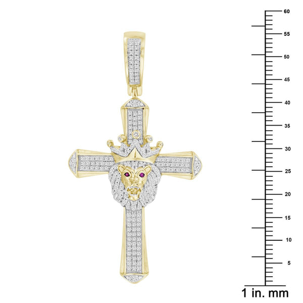 10KT Yellow Gold 1/2 CTW Diamond 56X30MM Cross Crown Lion Charm. Chain not Included