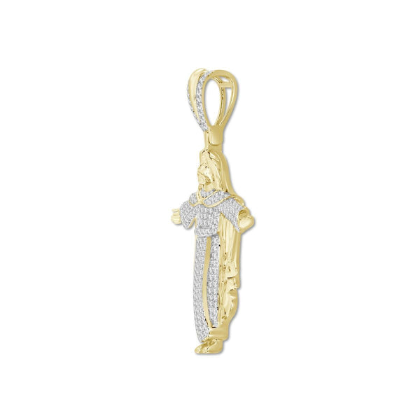 10KT Yellow Gold 1/2 CTW Diamond 43X27MM Jesus Christ Open Arms Charm. Chain not Included