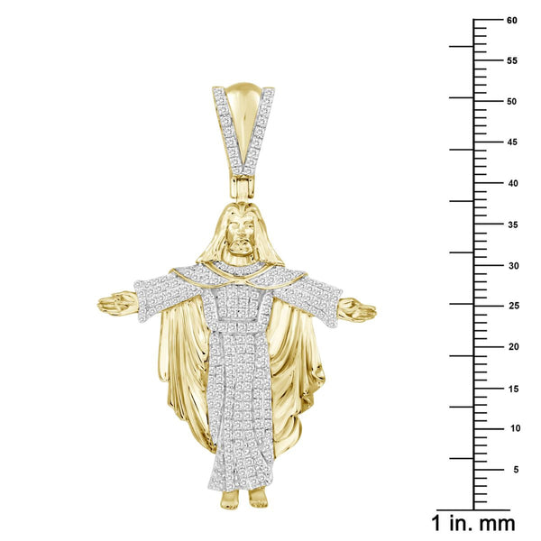 10KT Yellow Gold 1/2 CTW Diamond 43X27MM Jesus Christ Open Arms Charm. Chain not Included