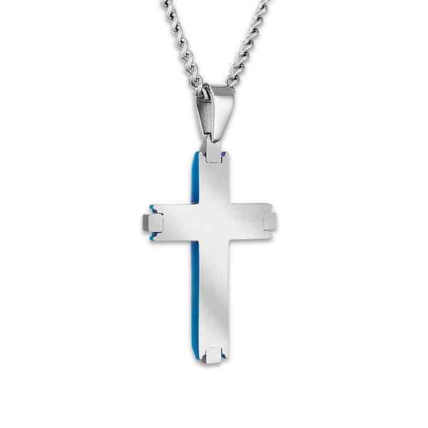 Blue Stainless Steel 1/50 CTW Diamond 60X32MM 24-inch Cross Pendant