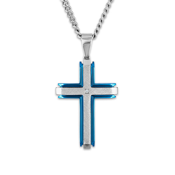 Blue Stainless Steel 1/50 CTW Diamond 60X32MM 24-inch Cross Pendant