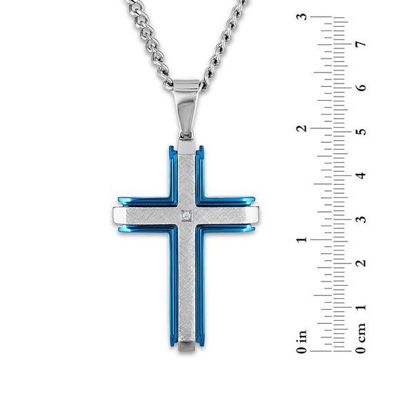 Blue Stainless Steel 1/50 CTW Diamond 60X32MM 24-inch Cross Pendant