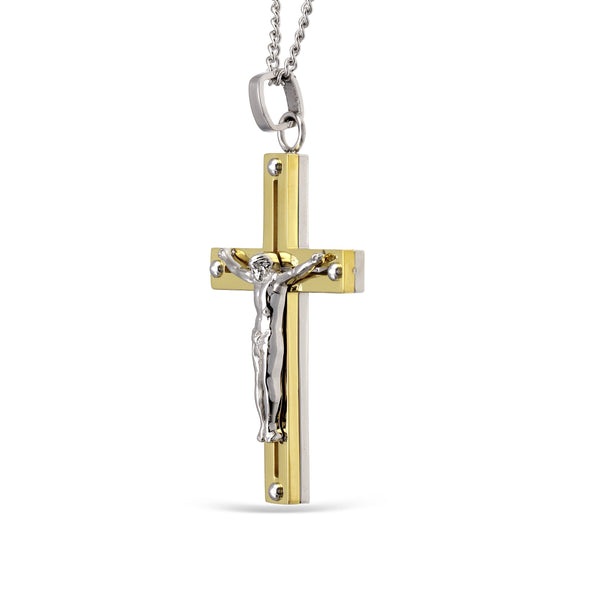 Two-Tone Stainless Steel 24-inch Crucifix Cross Pendant