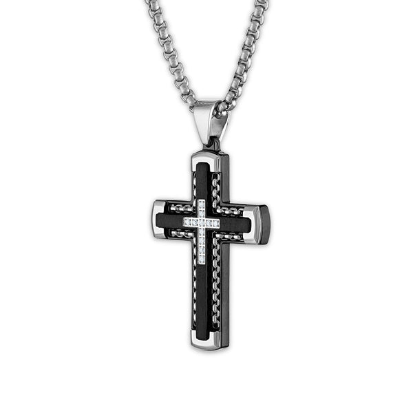 Luxe Layers Stainless Steel 1/8 CTW Diamond 30X52MM 24-inch Cross Pendant