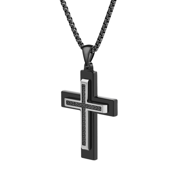 Titán by Adrian Gonzalez Black Stainless Steel 1/4 CTW Diamond 29X40MM 24-inch Cross Pendant