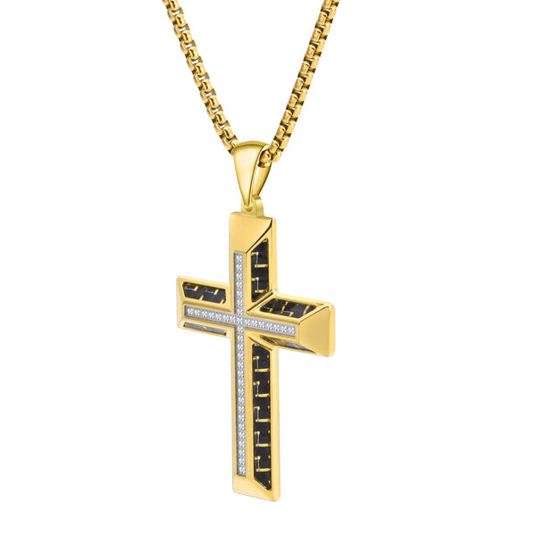 Titán by Adrian Gonzalez Yellow Stainless Steel 1/5 CTW Diamond 32X48MM 24-inch Carbon Fiber Cross Pendant