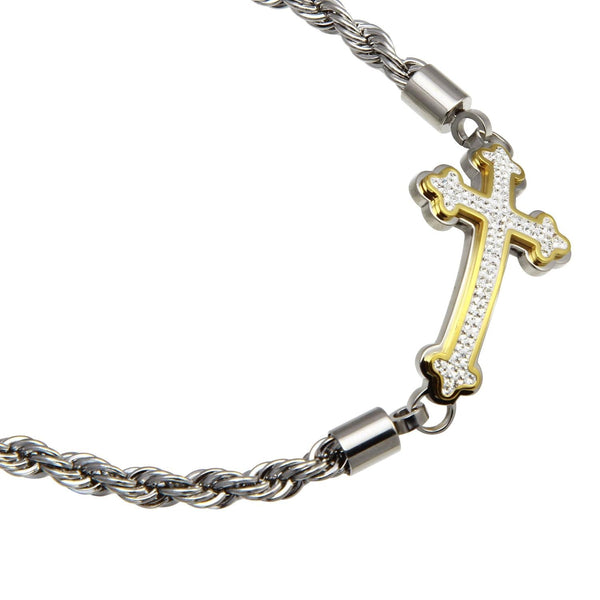 Two-Tone Stainless Steel and Cubic Zirconia 8.75-inch Cross Bracelet