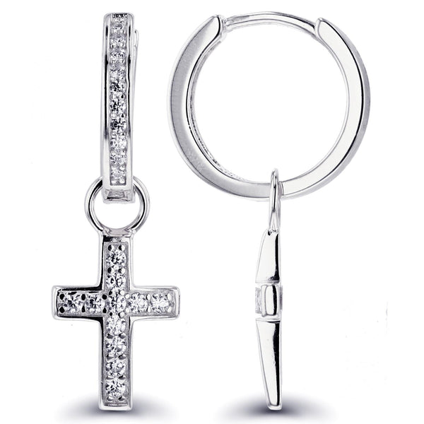 Luxe Layers Rhodium Plated Sterling Silver Round Cubic Zirconia 9X30MM Cross Hoop Drop & Dangle Earrings