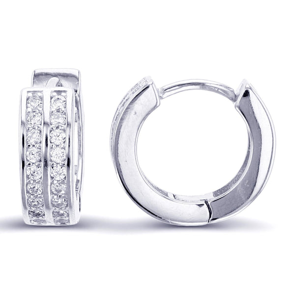 Luxe Layers Rhodium Plated Sterling Silver Round Cubic Zirconia 4X12MM Huggie Hoop Earrings