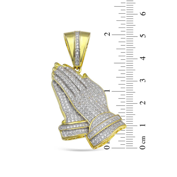 Luxe Layers 14KT Yellow Gold Plated Sterling Silver Cubic Zirconia 46X24MM Religious Praying Hand Pendant. Chain Not Included