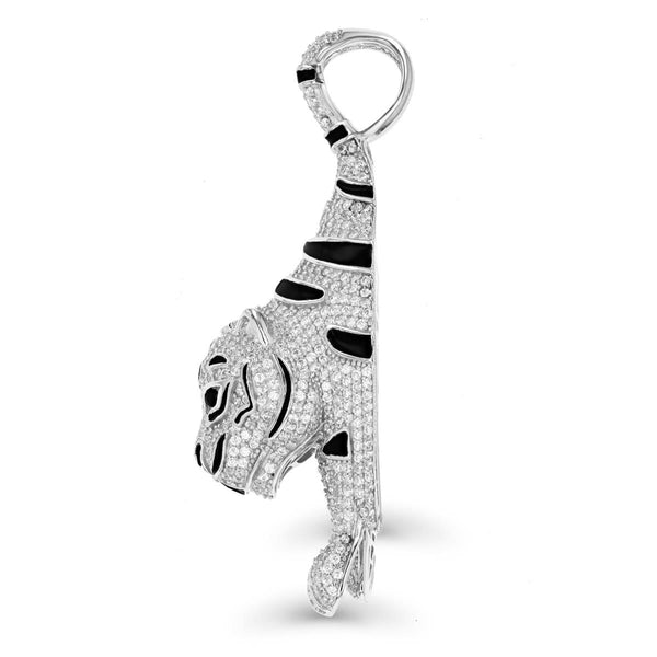 Luxe Layers Sterling Silver Cubic Zirconia 63X19MM Black Enamel Tiger Pendant. Chain Not Included