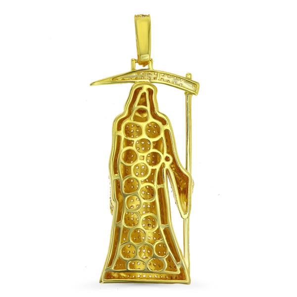 Luxe Layers 14KT Yellow Gold Plated Sterling Silver Cubic Zirconia 58X23MM Grim Reaper Pendant. Chain Not Included