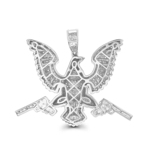 Luxe Layers Sterling Silver Cubic Zirconia 42X51MM Eagle with Guns Pendant. Chain Not Included