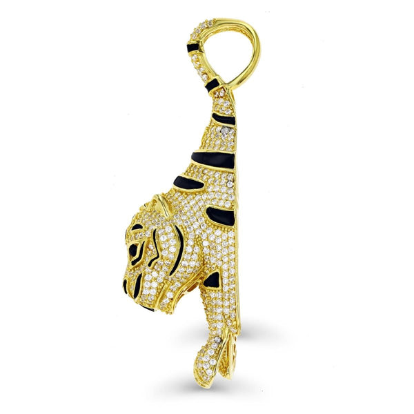 Luxe Layers 14KT Yellow Gold Plated Sterling Silver Cubic Zirconia 63X19MM Black Enamel Tiger Pendant. Chain Not Included