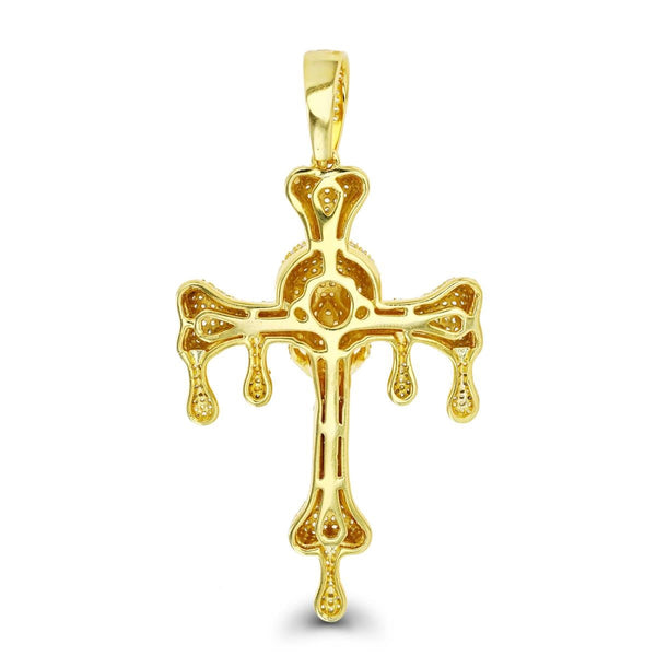 Luxe Layers 14KT Yellow Gold Plated Sterling Silver Cubic Zirconia 76X39MM Cross With Drips & Skull Pendant. Chain Not Included