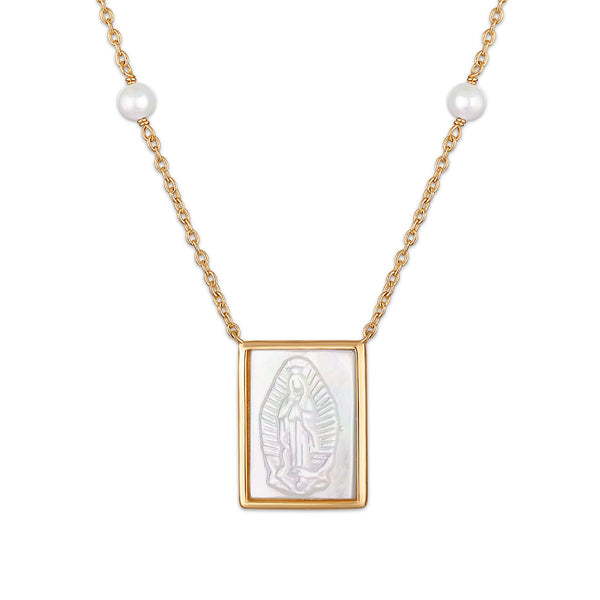 Square Mother of Pearl Guadalupe 16 plus 2-inch Necklace in Yellow Plated Sterling Silver