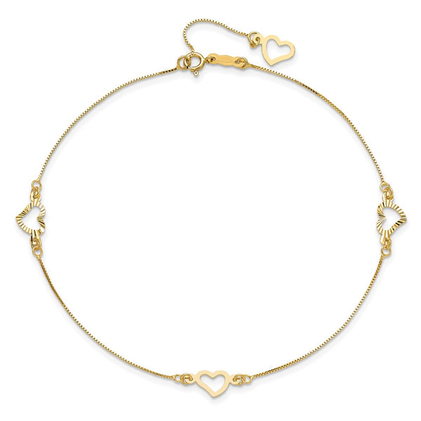 14KT Yellow Gold 9+1-inch extender Adjustable Heart Anklet