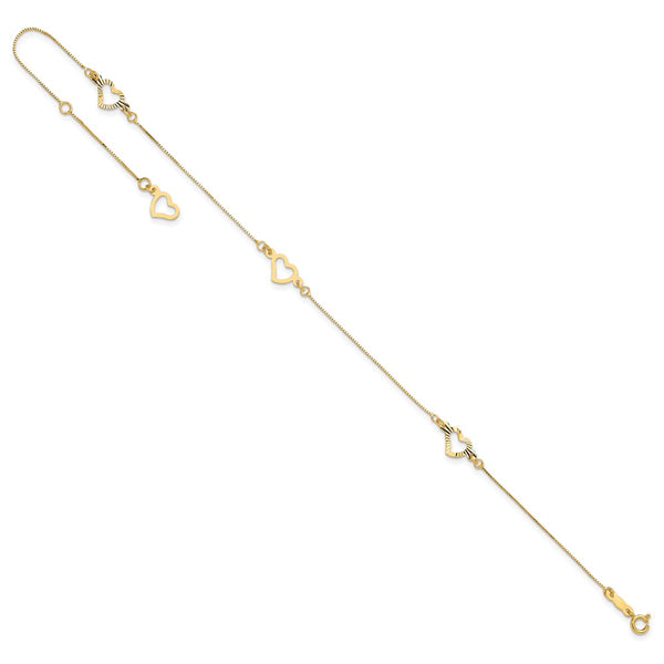 14KT Yellow Gold 9+1-inch extender Adjustable Heart Anklet