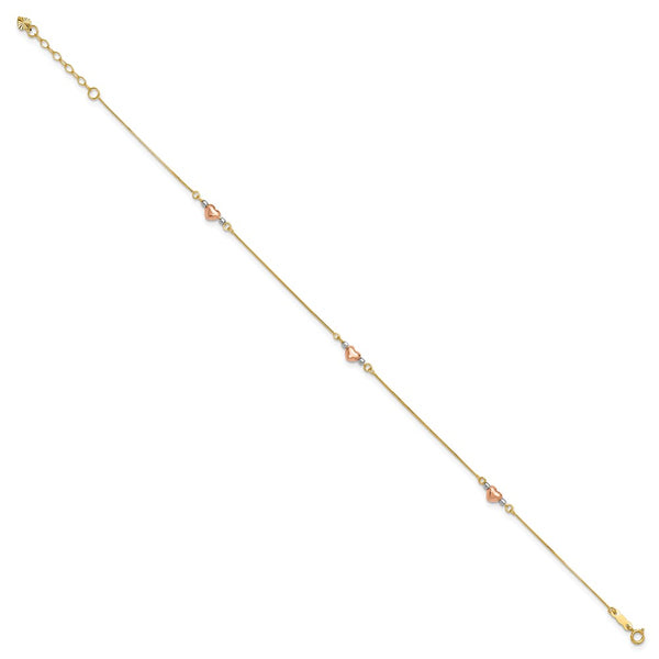 14KT Gold Tri-Color 9+1-inch extender Adjustable Heart Anklet