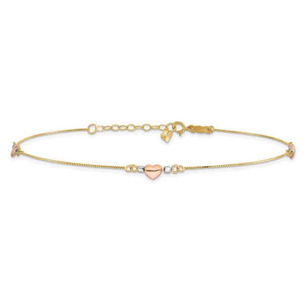 14KT Gold Tri-Color 9+1-inch extender Adjustable Heart Anklet