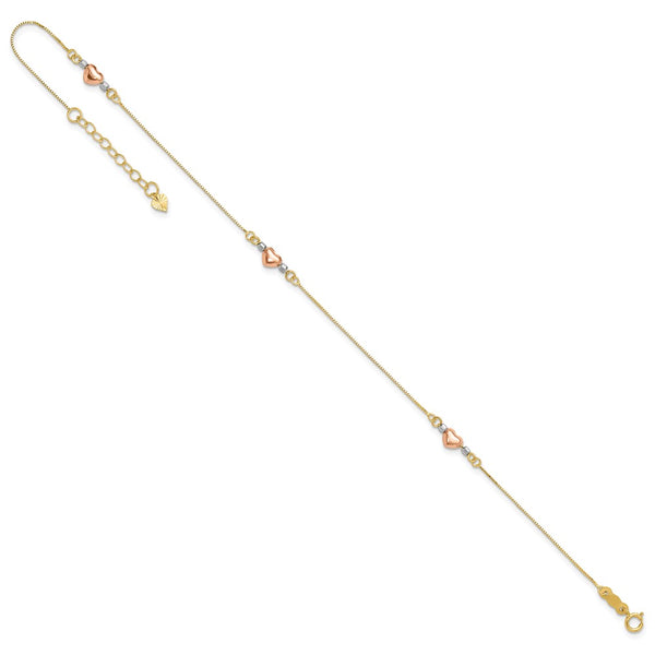 14KT Gold Tri-Color 9+1-inch extender Adjustable Heart Anklet