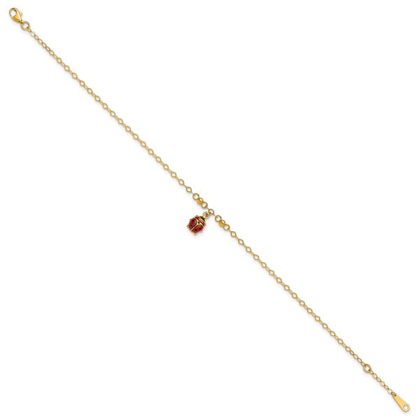 14KT Yellow Gold 9+1-inch extender Adjustable Enamel Ladybug Anklet