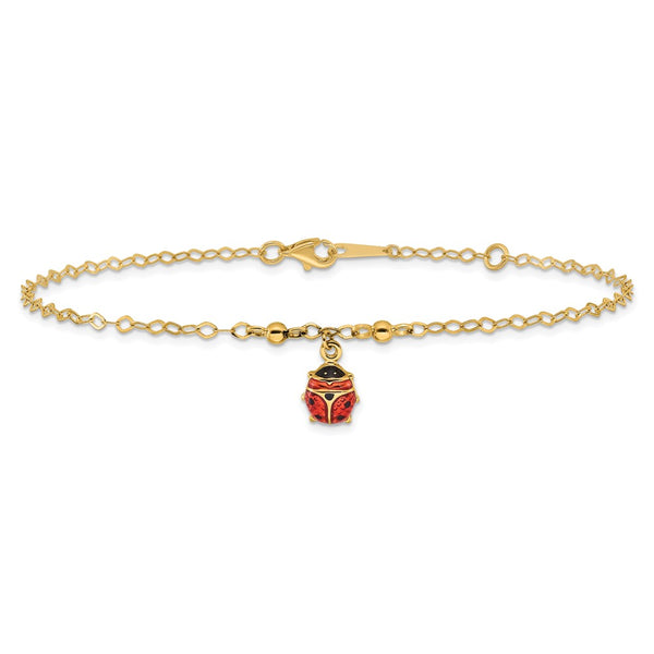 14KT Yellow Gold 9+1-inch extender Adjustable Enamel Ladybug Anklet