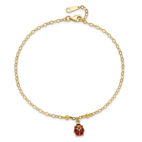 14KT Yellow Gold 9+1-inch extender Adjustable Enamel Ladybug Anklet