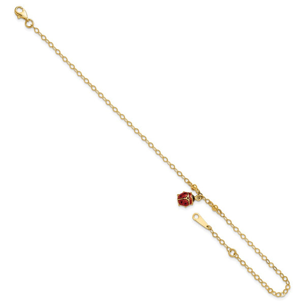 14KT Yellow Gold 9+1-inch extender Adjustable Enamel Ladybug Anklet