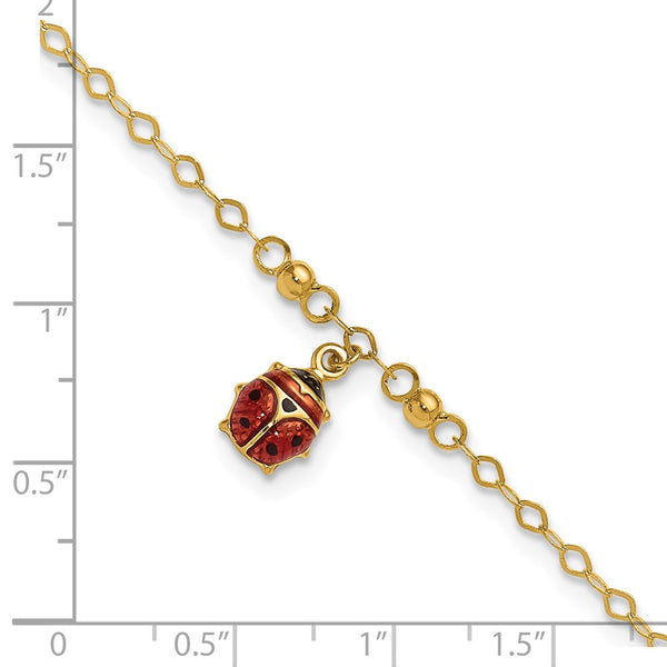 14KT Yellow Gold 9+1-inch extender Adjustable Enamel Ladybug Anklet