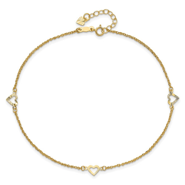 14KT Yellow Gold 9+1-inch extender Adjustable Heart Anklet