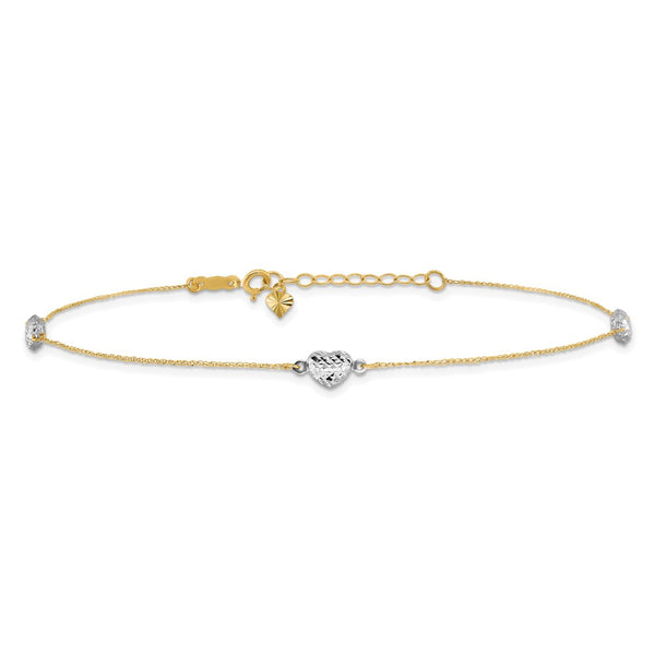 14KT White and Yellow Gold 9+1-inch extender Adjustable Heart Anklet