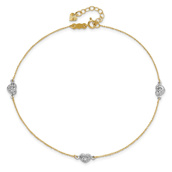 14KT White and Yellow Gold 9+1-inch extender Adjustable Heart Anklet