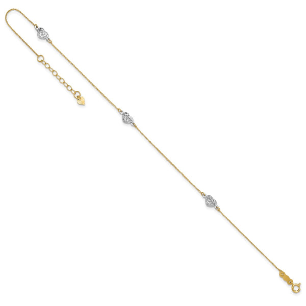 14KT White and Yellow Gold 9+1-inch extender Adjustable Heart Anklet