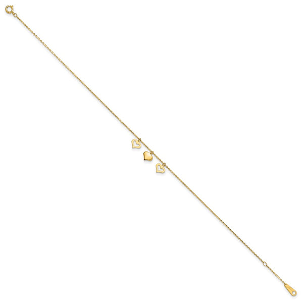 14KT Yellow Gold 9+1-inch Adjustable Extender Heart Anklet*