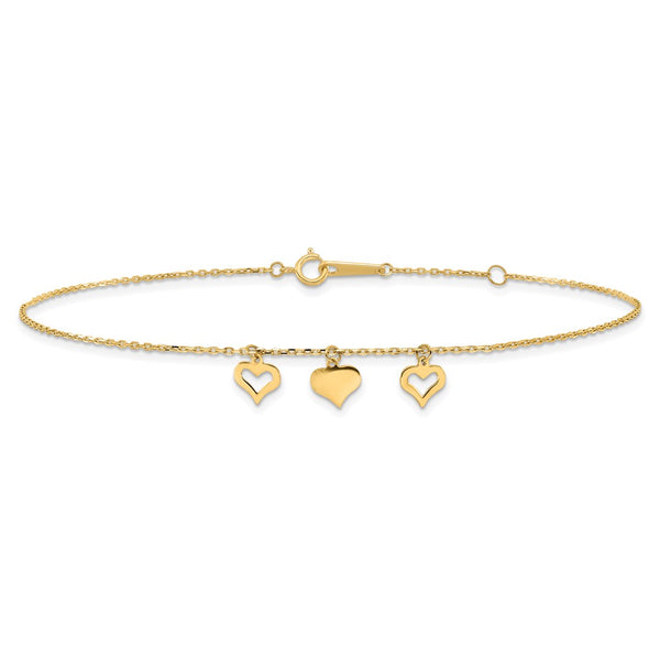 14KT Yellow Gold 9+1-inch Adjustable Extender Heart Anklet*