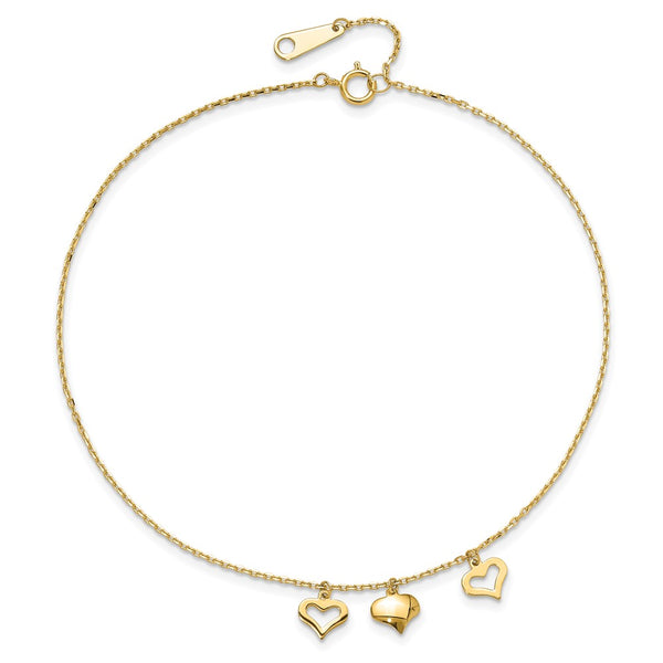 14KT Yellow Gold 9+1-inch Adjustable Extender Heart Anklet*