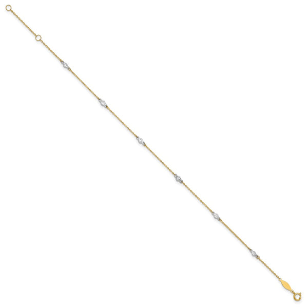 14KT White and Yellow Gold 9+1-inch Adjustable Extender Anklet with Cubic Zirconia