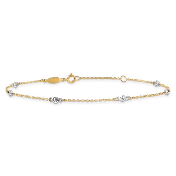 14KT White and Yellow Gold 9+1-inch Adjustable Extender Anklet with Cubic Zirconia