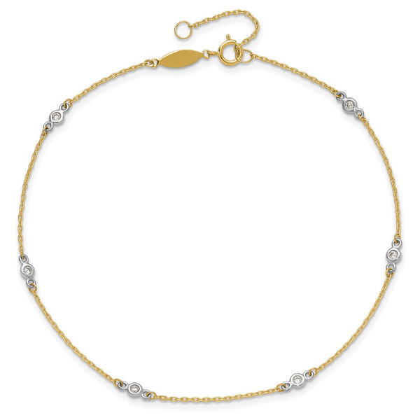 14KT White and Yellow Gold 9+1-inch Adjustable Extender Anklet with Cubic Zirconia